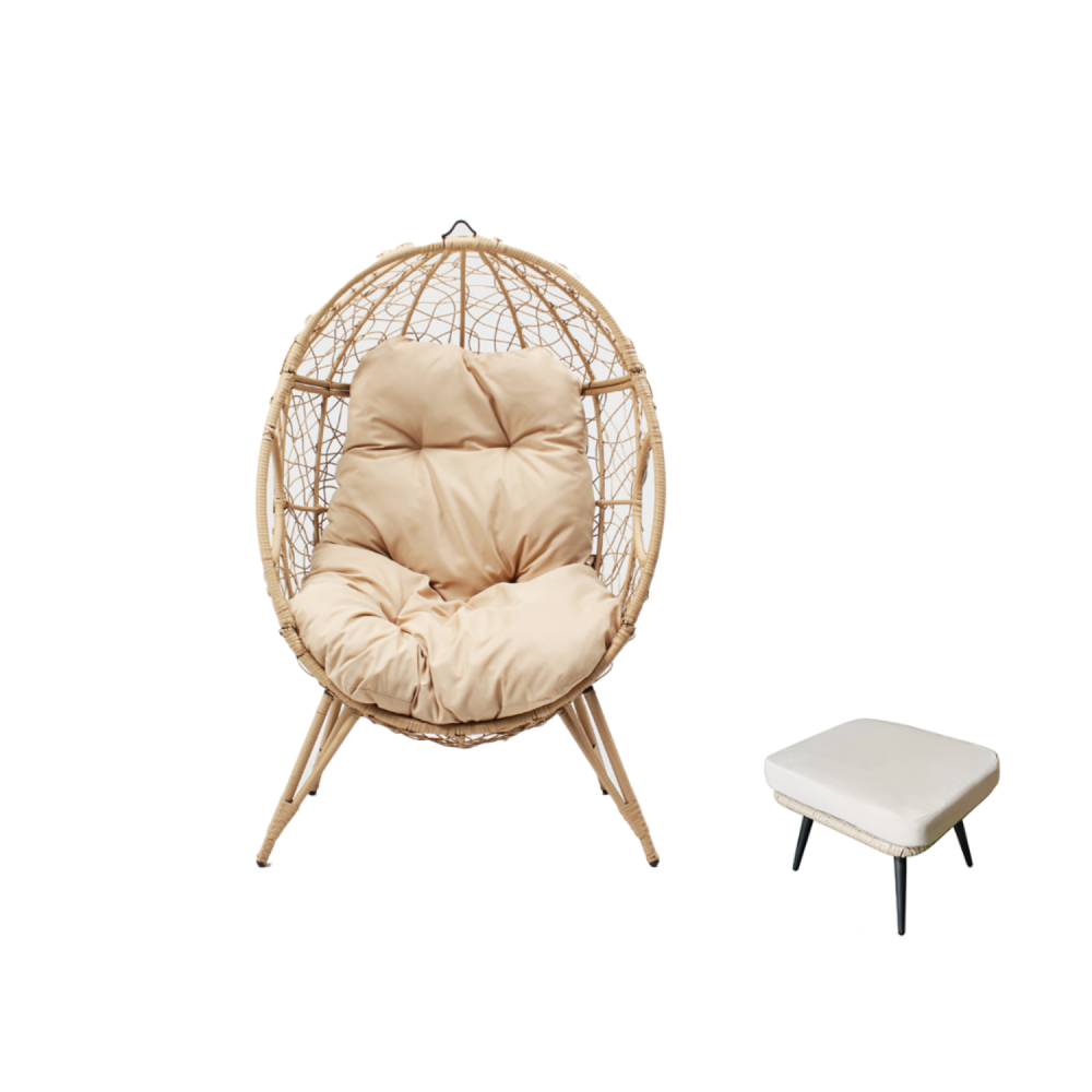 Ensemble d'extérieur : fauteuil suspendu effet rotin et repose-pieds avec coussin beige jane