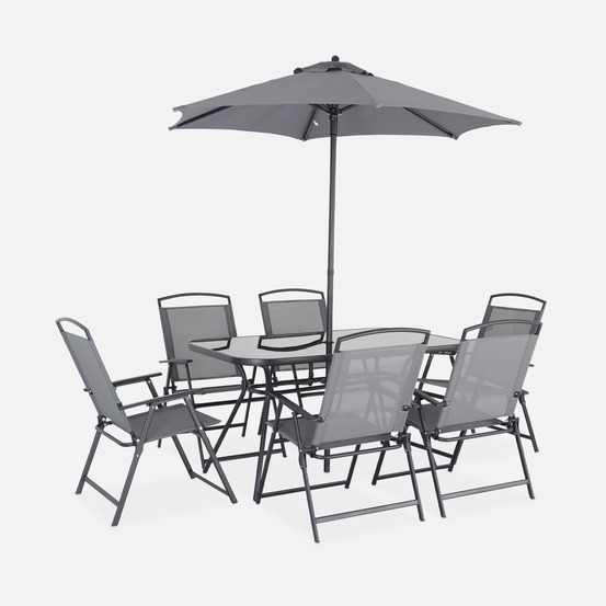 Table de jardin avec 6 fauteuils et 1 parasol, anthracite