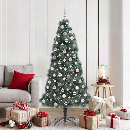 Sapin artificiel vert 180cm avec 300 led intégrées, kit 120 boules et cimier inclus