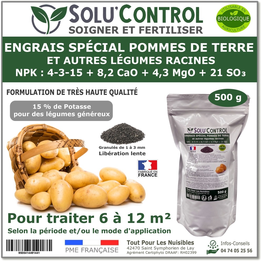 500 g d'engrais spécial pommes de terre et légumes racines 4-3-15 - enrichi en potasse - croissance, grossissement..- UAB