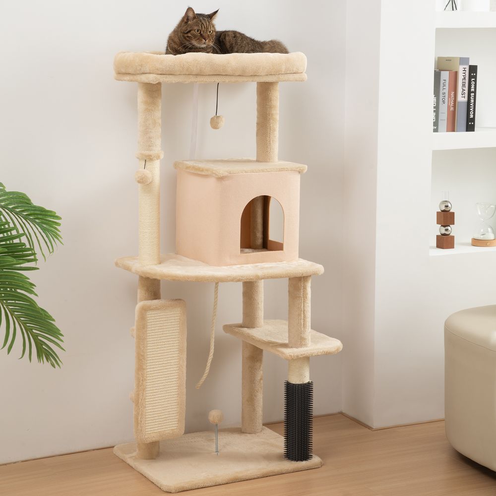 Arbre à chat, tour de jeux, hauteur de 132 cm, avec lit, maison, brosse de toilettage, 55 x 44 x 132 cm, beige