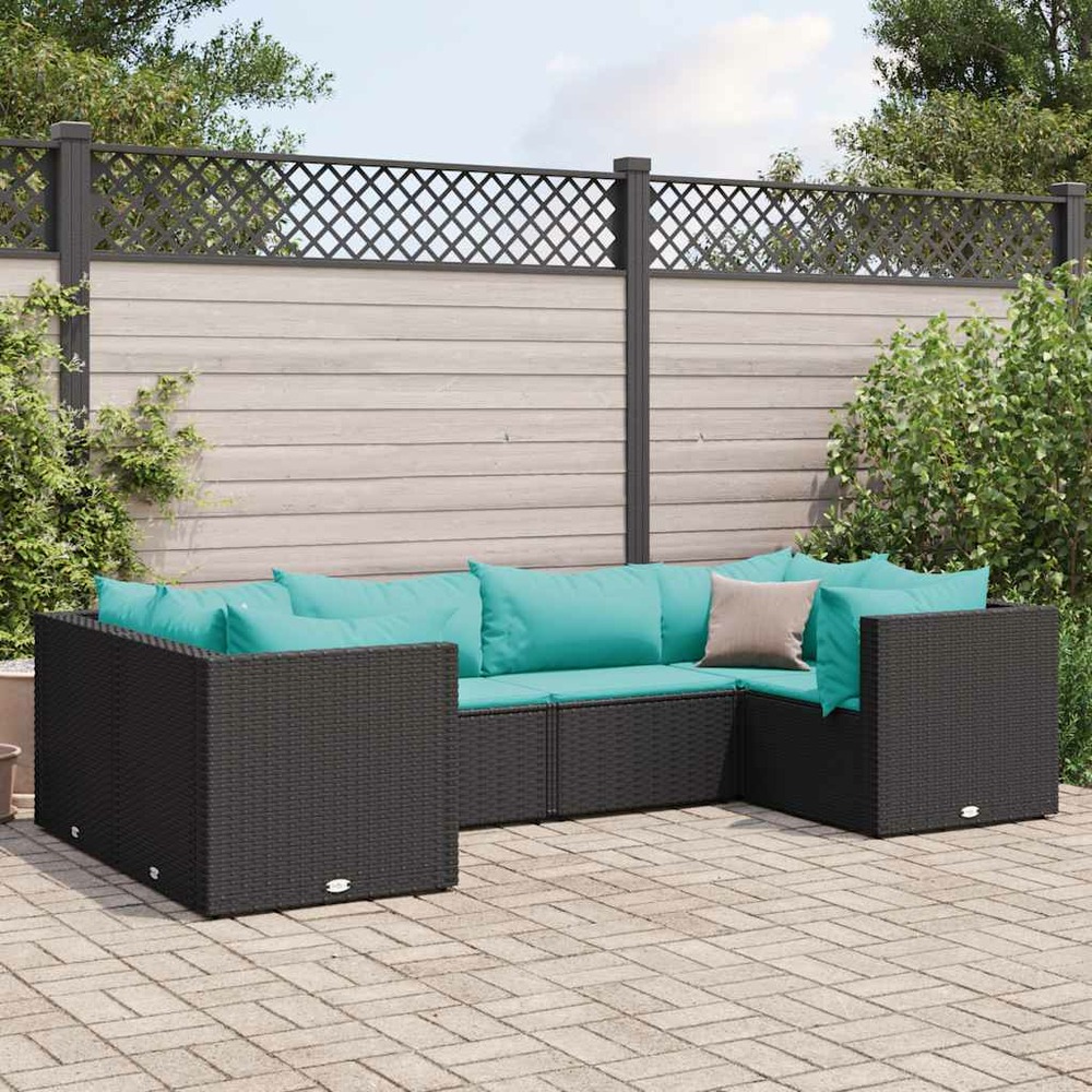 Salon de jardin 6 pcs avec coussins noir résine tressée