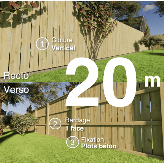 Kit clôture bois moderne 20m – h 1,9m – 21 x 145 mm autoclave vert – pose vertical – simple face – à sceller