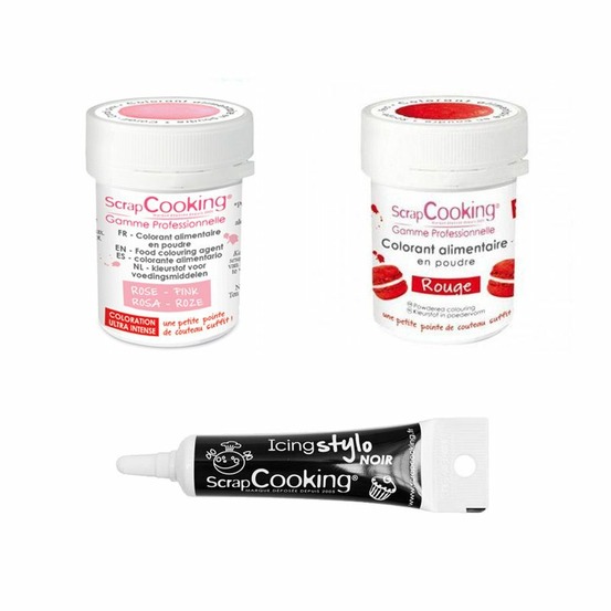 2 colorants alimentaires rose poudré-rouge + stylo glaçage noir