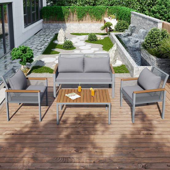 Salon de jardin confortable : canapé double, 2 fauteuils, table, rotin, coussins inclus, gris, extérieur