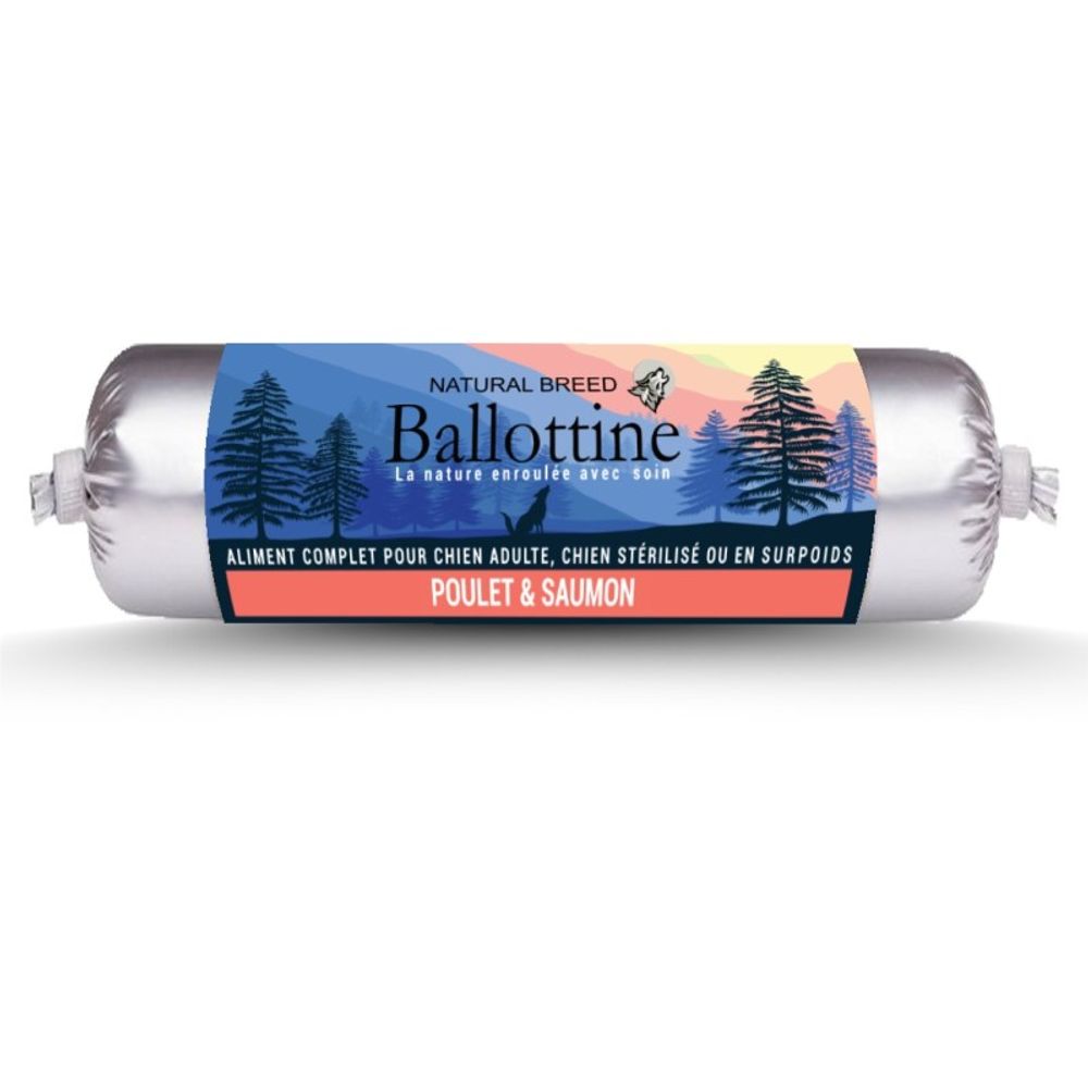 Ballottine fraîche au saumon – saucisse naturelle, repas humide complet pour chien adulte ou stérilisé – 800 g