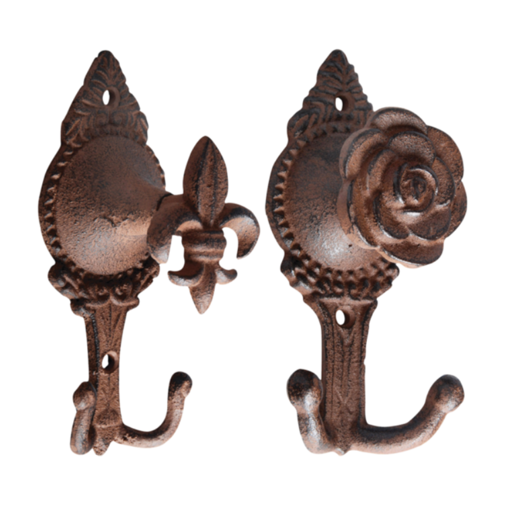 Lot de 2 crochets de porte en fonte motif fleurs