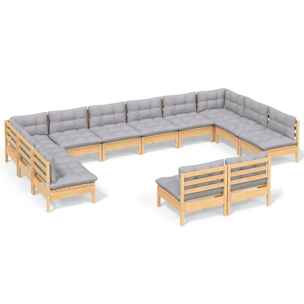 Salon de jardin 12 pcs avec coussins gris bois de pin massif