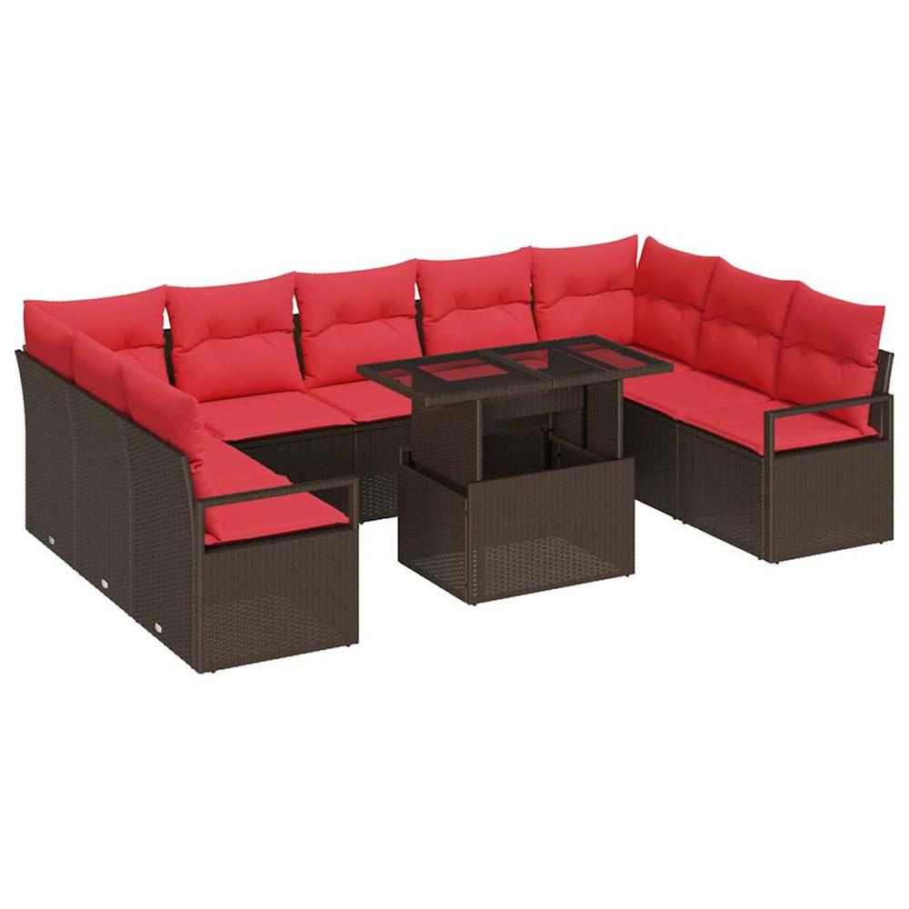 Ensemble de canapé de jardin 10 pcs marron et rouge poly rotin