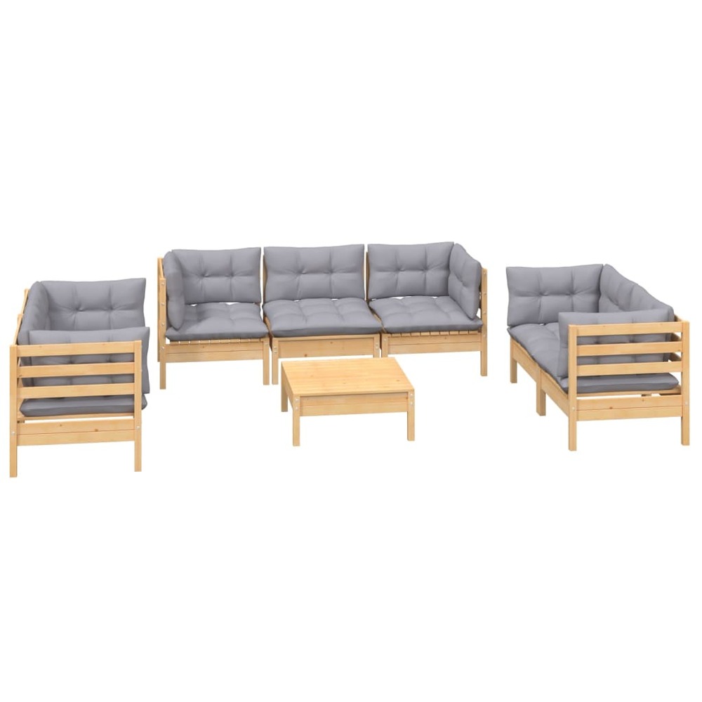 Salon de jardin meuble d'extérieur ensemble de mobilier 8 pièces avec coussins gris bois de pin massif