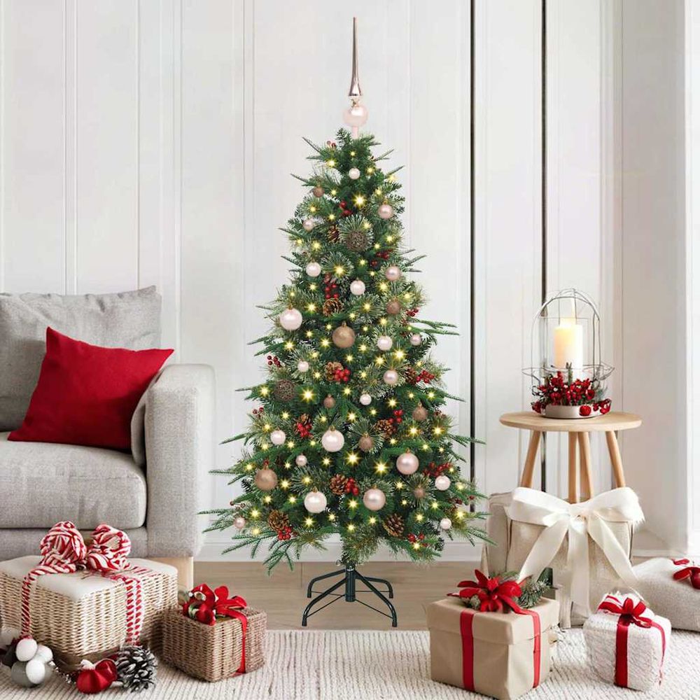 Sapin de noël vert 1,50 m lumineux, pack tout-en-un 150 led, boules et baies rouges
