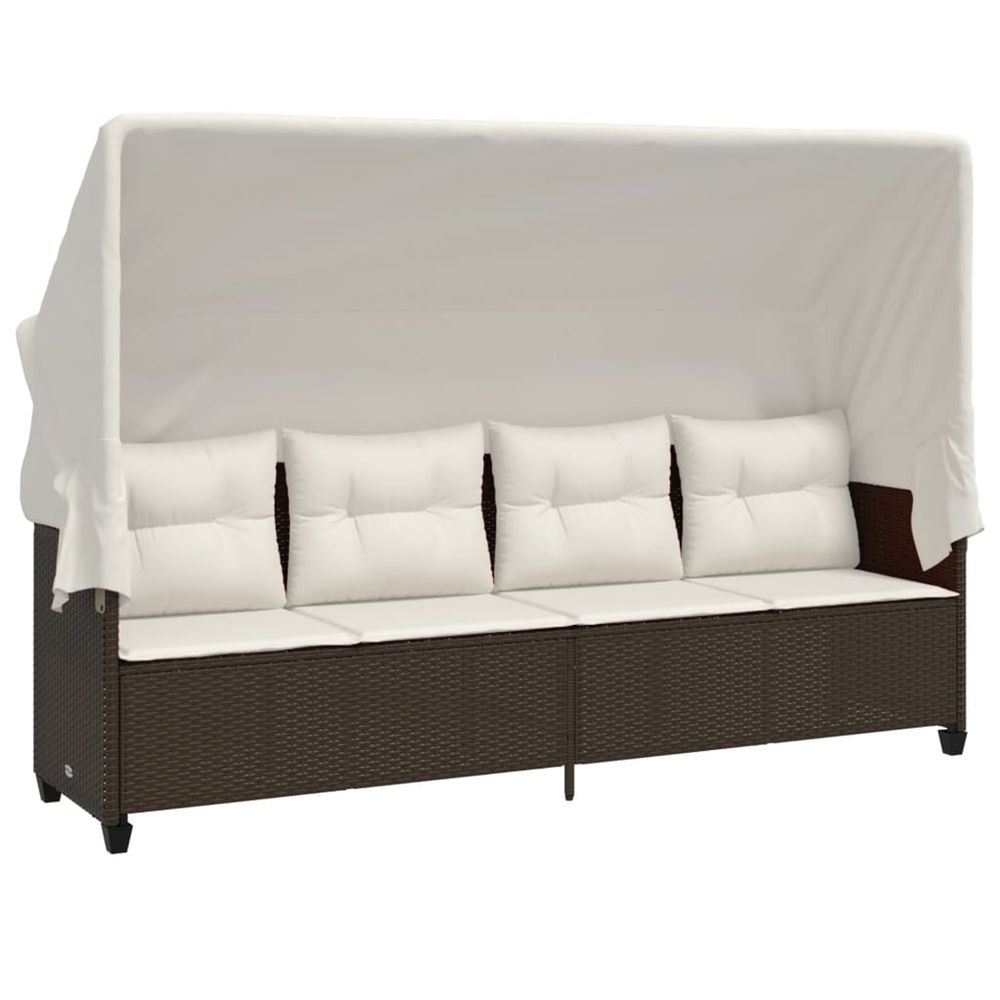 Chaise longue avec auvent et coussins marron résine tressée bain de soleil