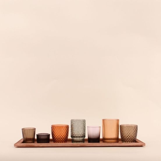 Coffret 7 photophores en verre sur tablette en bois