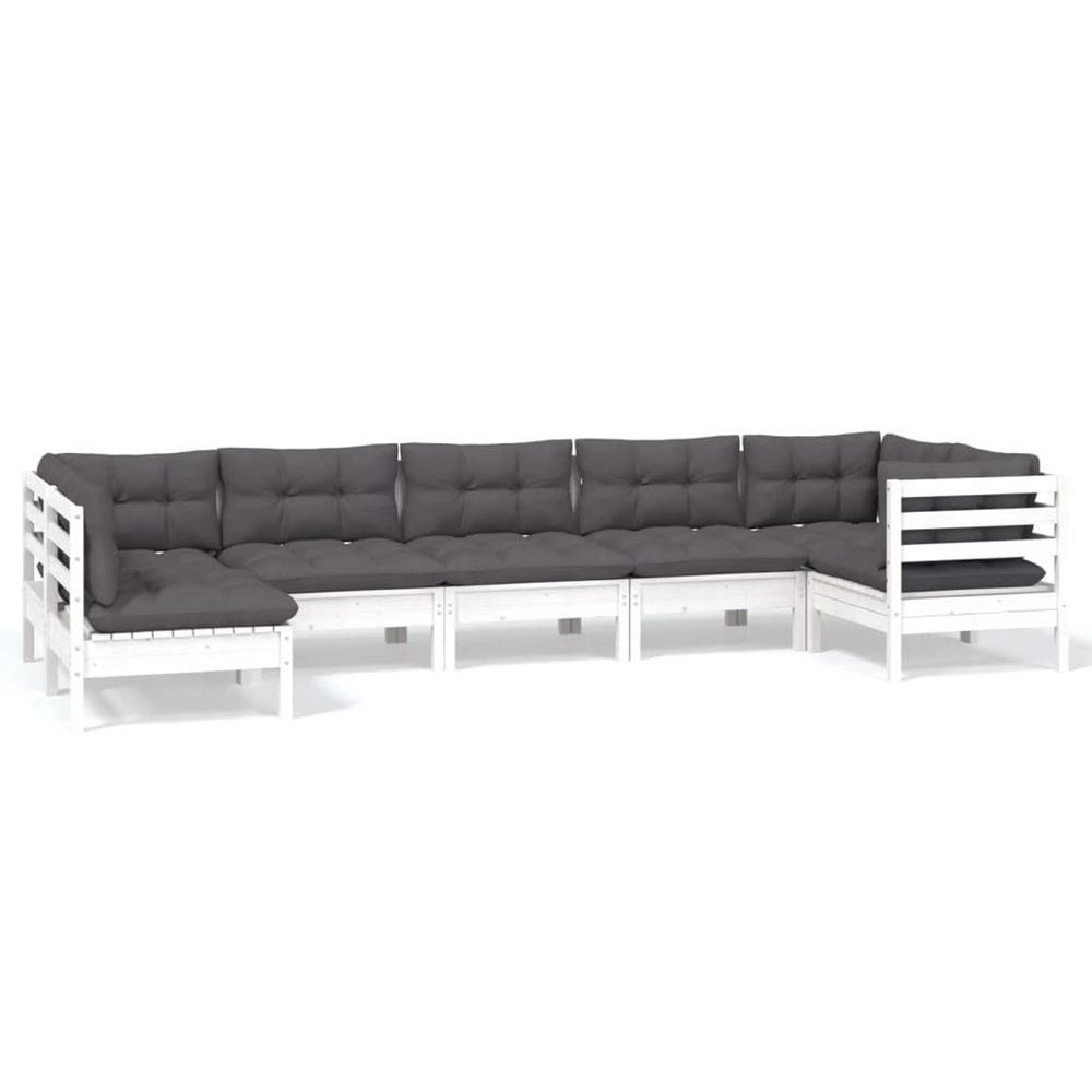 Salon de jardin 7 pcs avec coussins blanc bois de pin