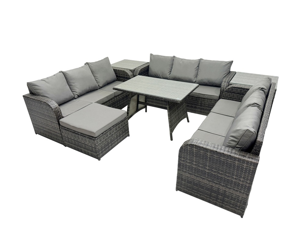 10 places salon de jardin avec table à manger rectangulaire 2 tables d'appoint grand tabouret patio ensemble de canapés en rotin