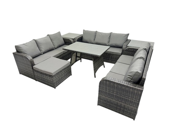 10 places salon de jardin avec table à manger rectangulaire 2 tables d'appoint grand tabouret patio ensemble de canapés en rotin