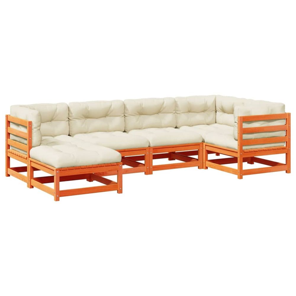 Salon de jardin 6 pcs avec coussins cire marron bois pin massif