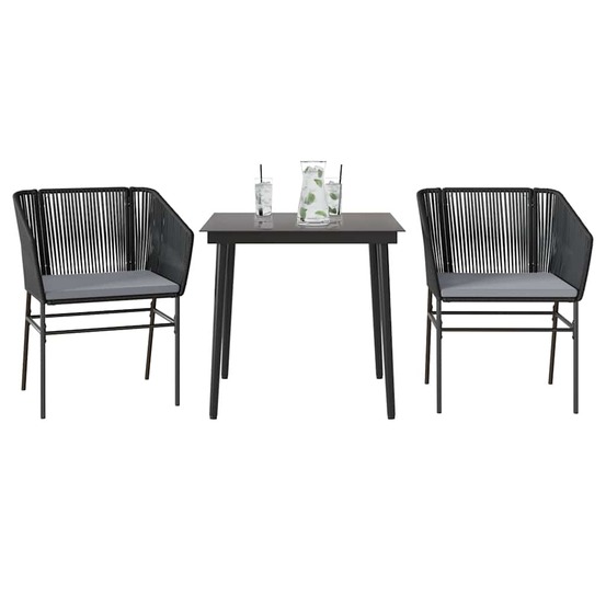 Ensemble à manger de jardin et coussins 3 pcs noir rotin verre