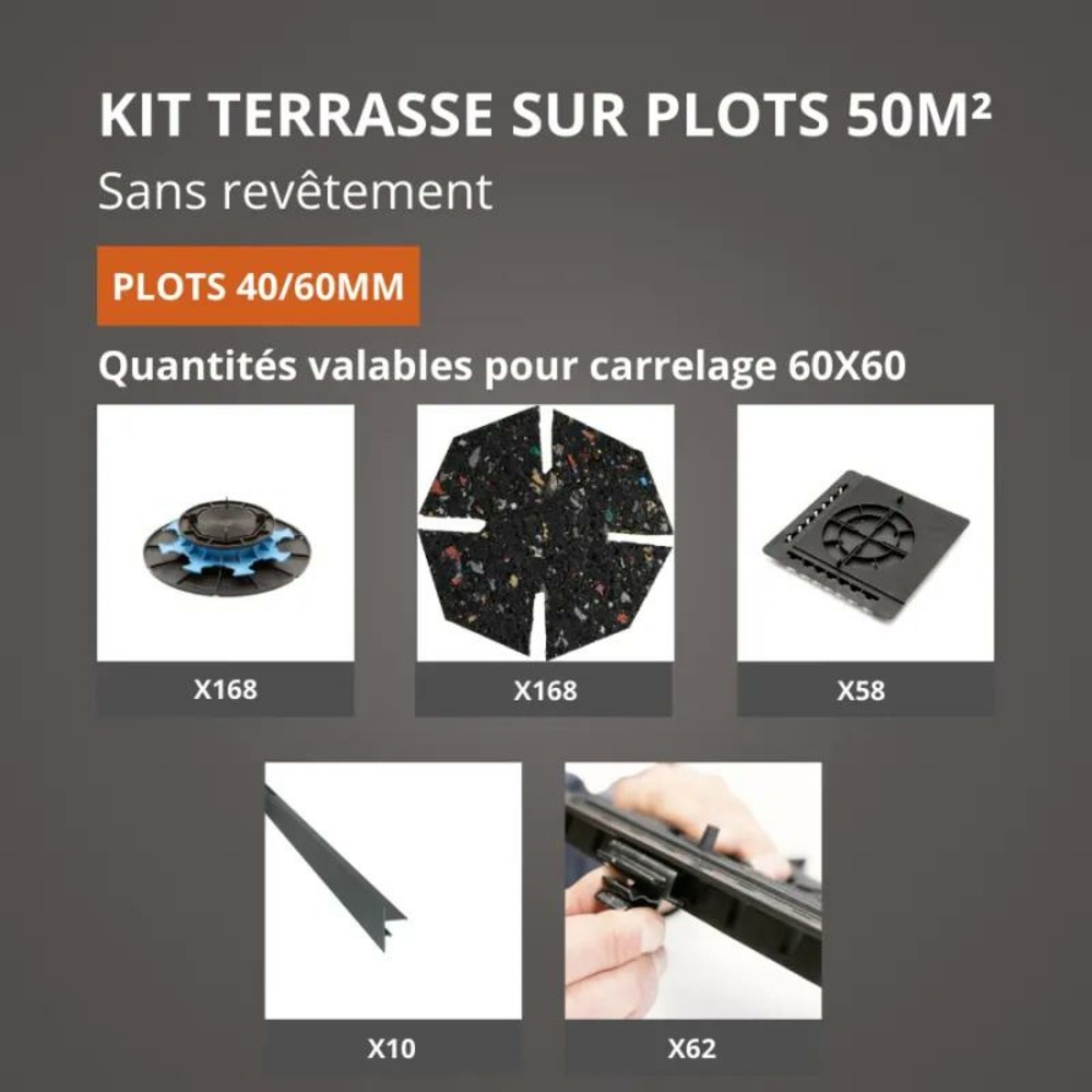 Kit terrasse sur plots sans revêtement 50m² - finition gris anthracite - 40/60 mm - jouplast
