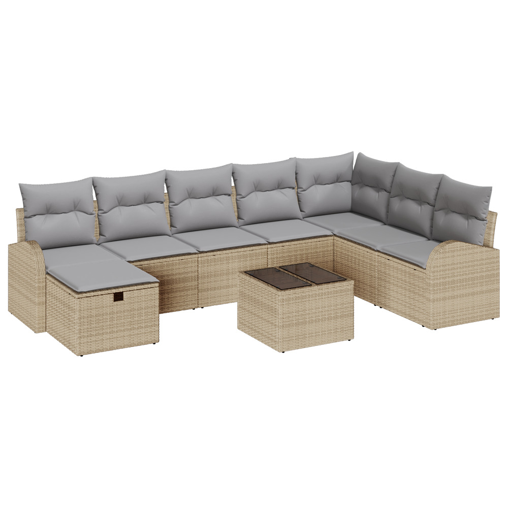 Ensemble de canapé de jardin 9 pièces avec coussins beige en poly rattan