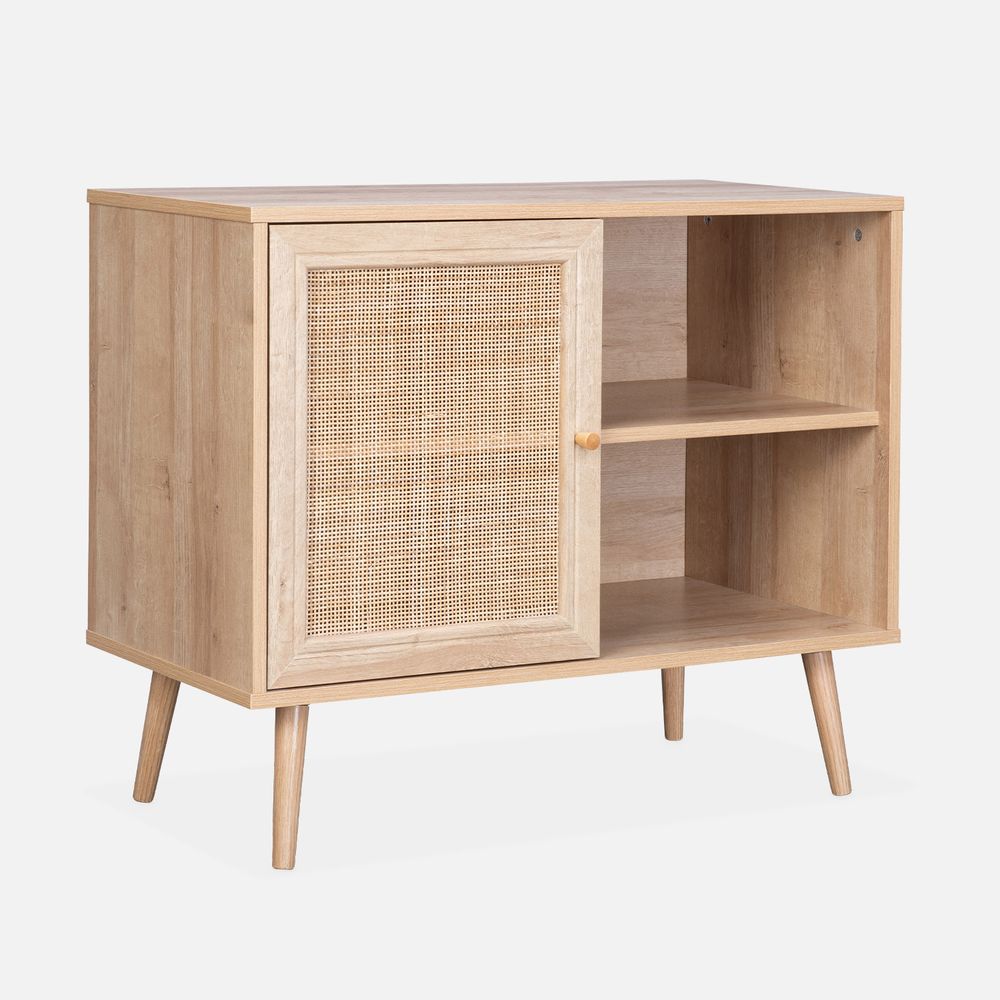 Meuble de rangement en cannage 80x39x65.8cm - 2 niveaux - 1 porte - pieds scandinaves, buffet bas