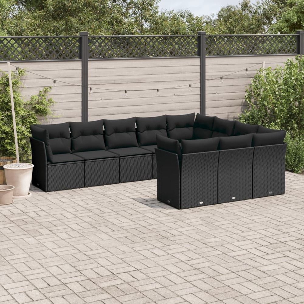 Salon de jardin 10 pcs avec coussins noir résine tressée