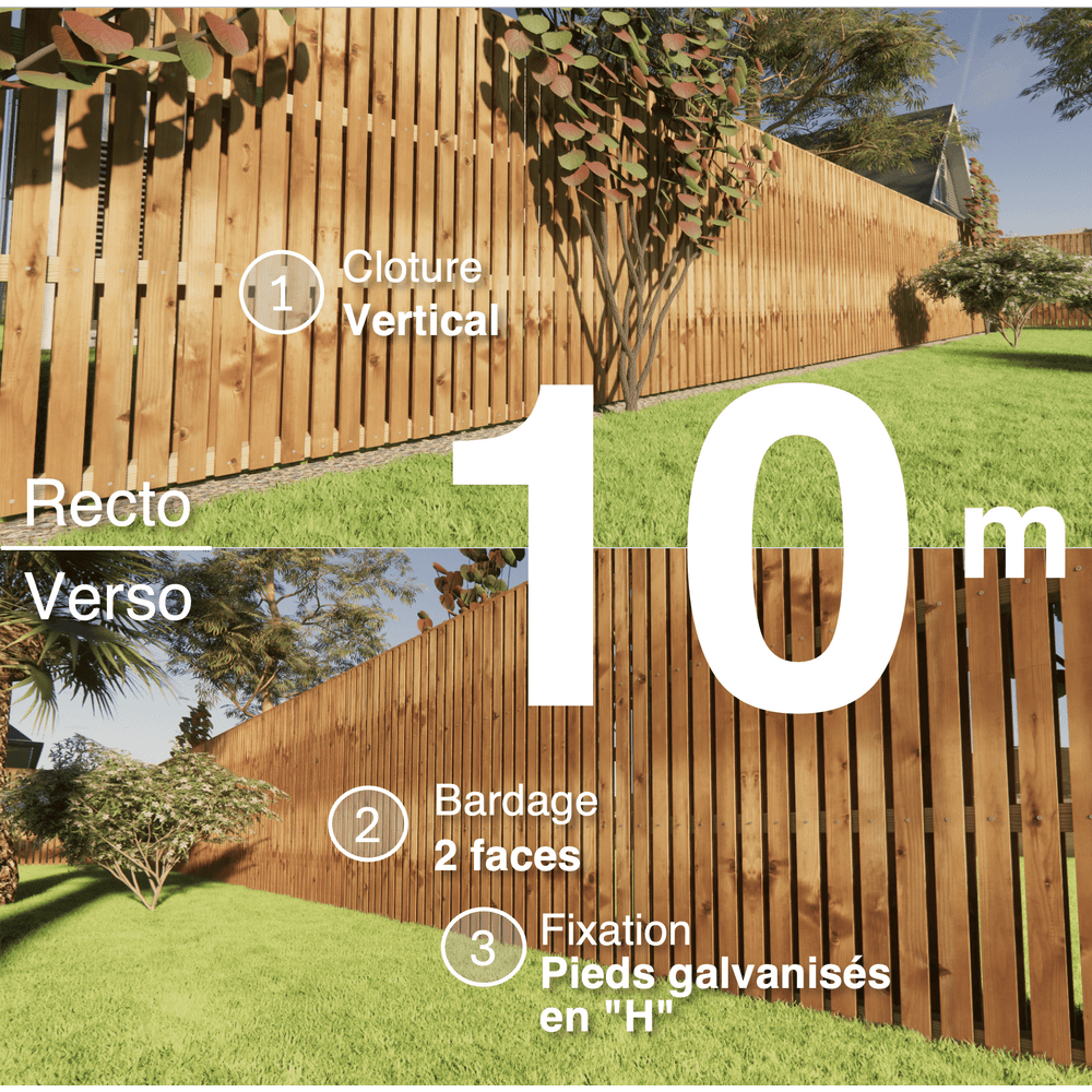 Kit clôture bois moderne 10m – h 1,9m – 20 x 70 mm autoclave marron – pose vertical – double face – support galva