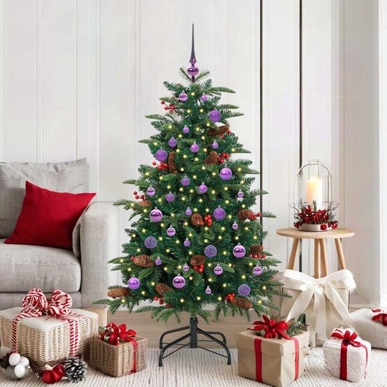 Sapin artificiel vert 150 cm aspect naturel, pré-illuminé avec led et boules de noël