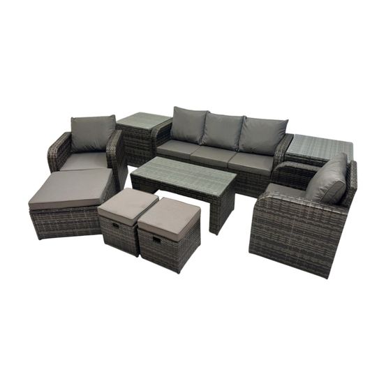 Salon de jardin avec table basse rectangulaire 2 tables d'appoint 3 tabourets 8 places ensemble de canapés en rotin