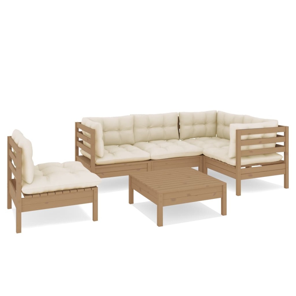 Salon de jardin meuble d'extérieur ensemble de mobilier 6 pièces avec coussins marron miel bois de pin