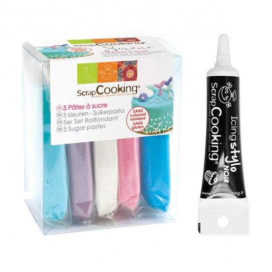 5 pâtes à sucre sirène 80 g + stylo de glaçage noir