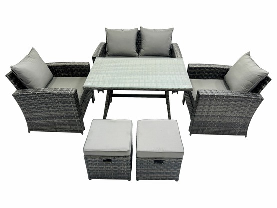 6 places gris foncé mixte dossier haut meuble de jardin extérieur avec 2 petits tabourets