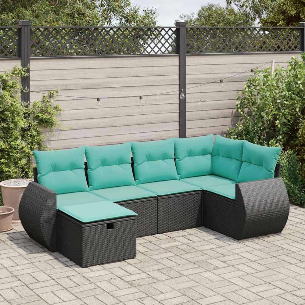Salon de jardin 6 pcs avec coussins noir résine tressée