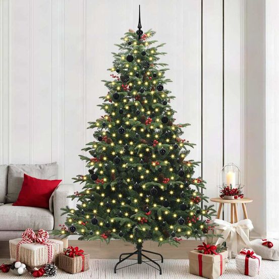 Sapin de noël artificiel touffu 240 cm, prêt à décorer avec lumières led intégrées et 120 boules incluses