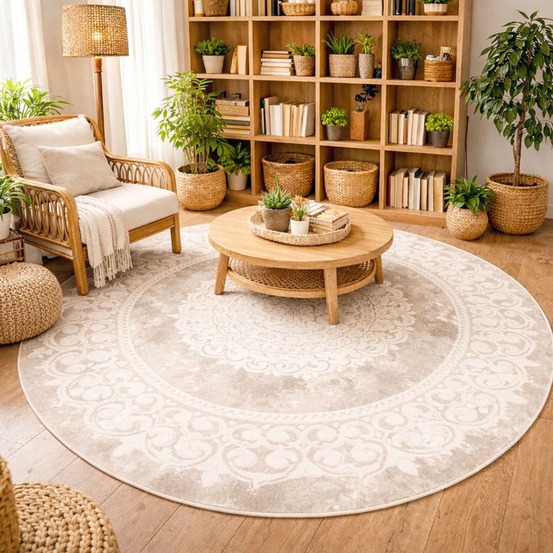 Tapis rond oriental ø200cm beige tissé motif ancestral lyn7 balrod