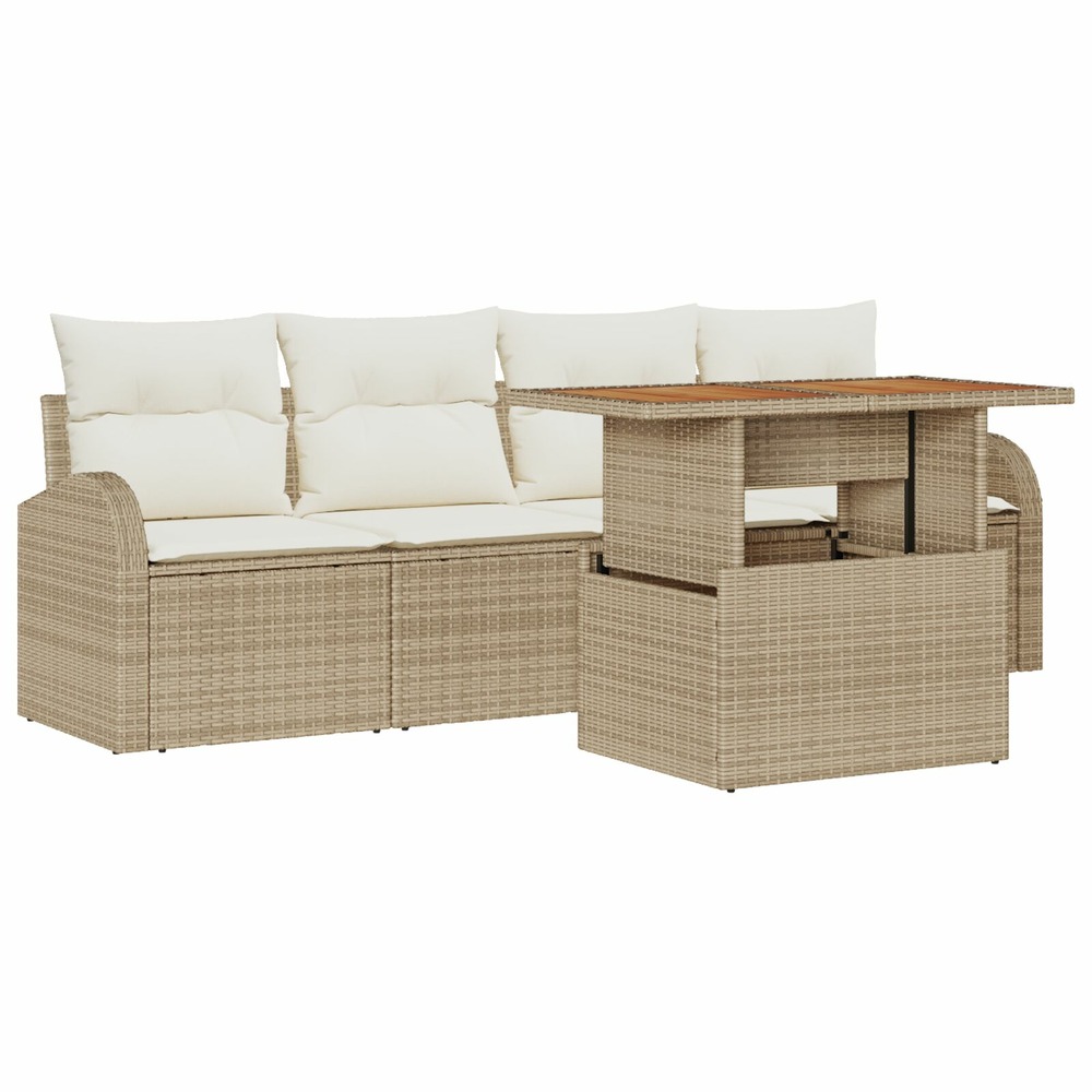 Ensemble de salle à manger de jardin de 5 pièces avec coussins beige poly rotin acacia