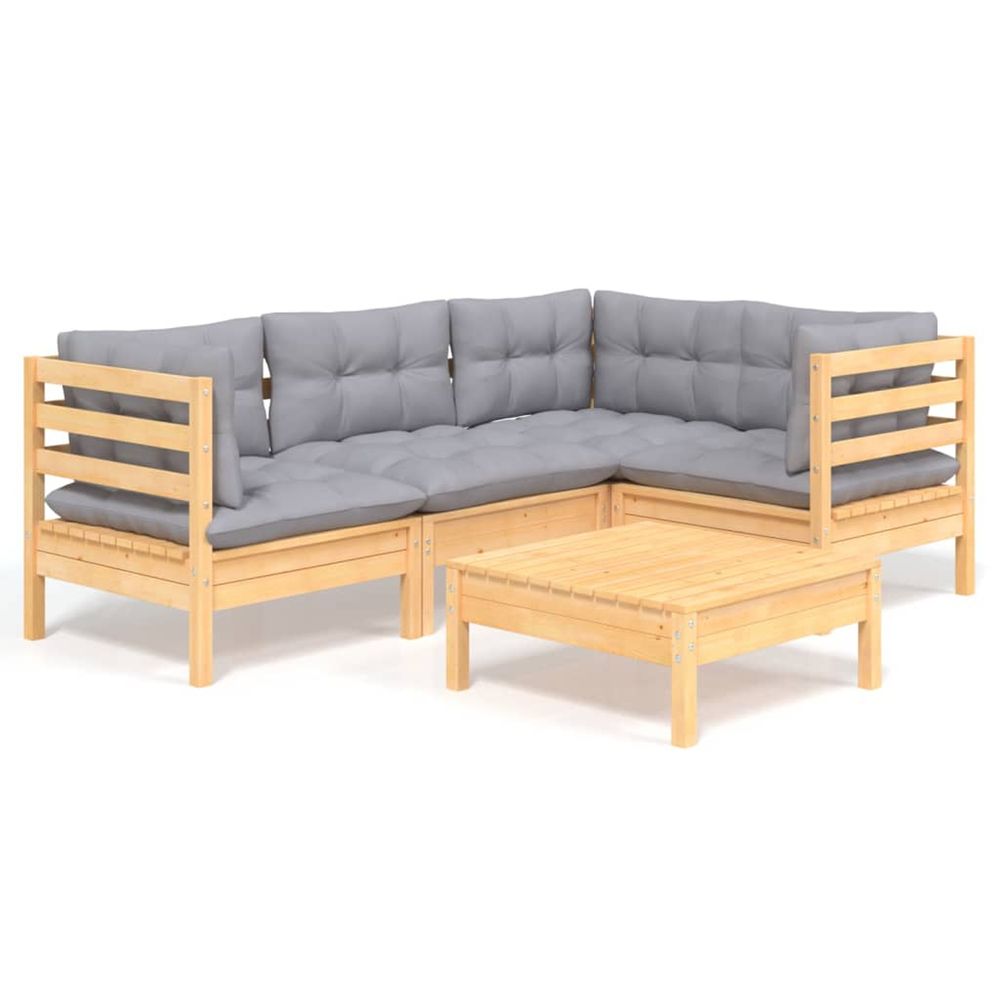 Salon de jardin 5 pcs avec coussins gris bois de pin