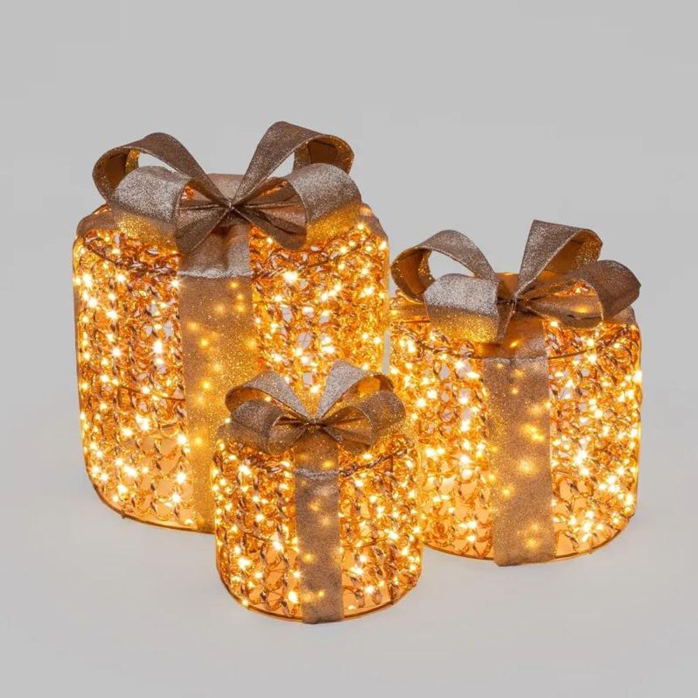 Lot 3 paquets cadeaux lumineux rose gold h17-23-30cm 900 microled blanc chaud fixe/scintillant lotti