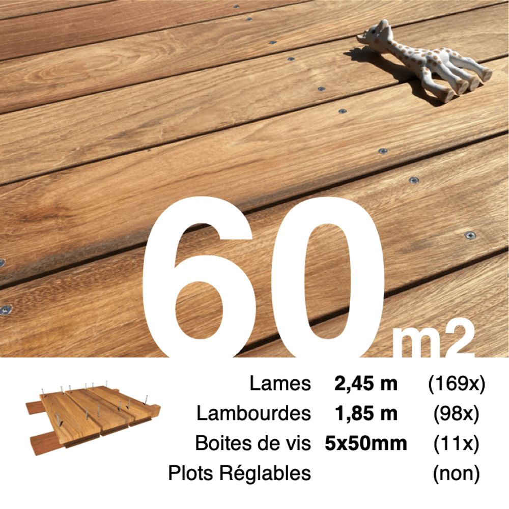 Kit terrasse bois exotique jatoba pour 60 m², lames 2,45 m, lambourdes 1,85 m et visserie inox.