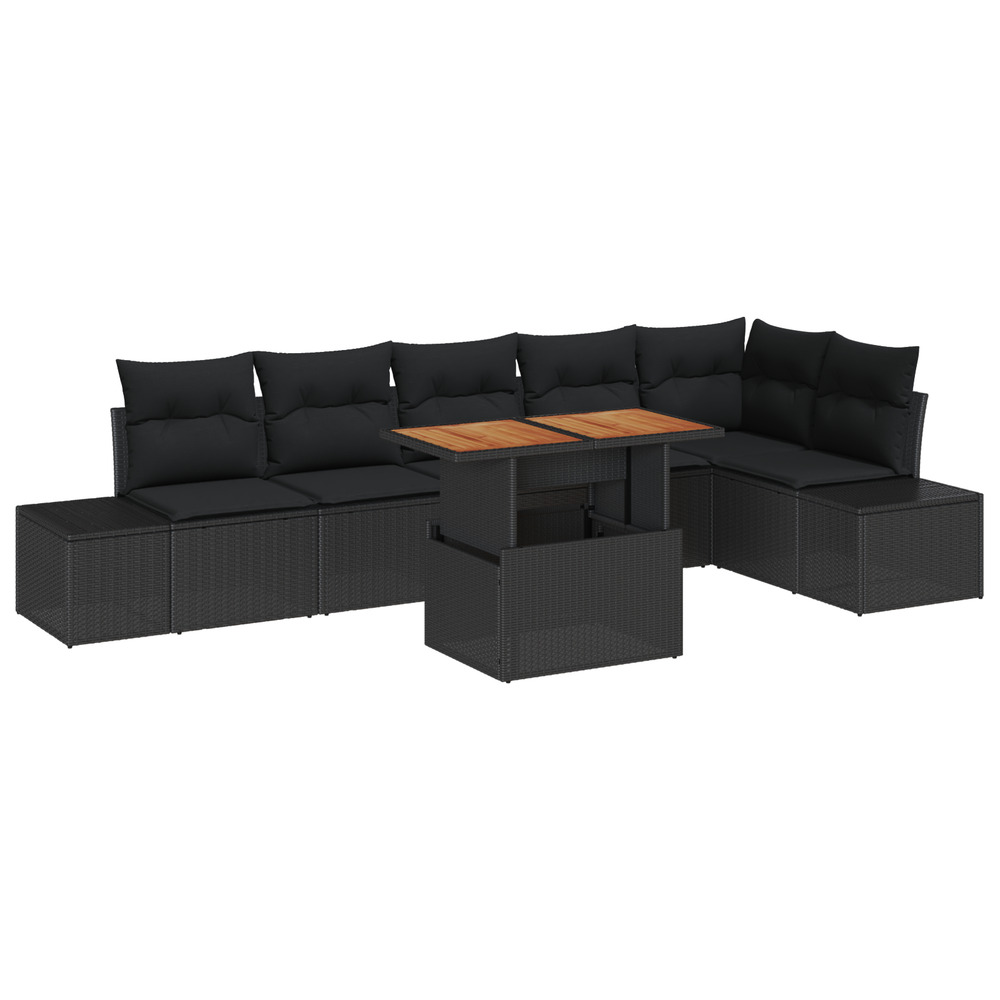 Ensemble de canapés de jardin 7 pièces avec coussins noir rattan poly