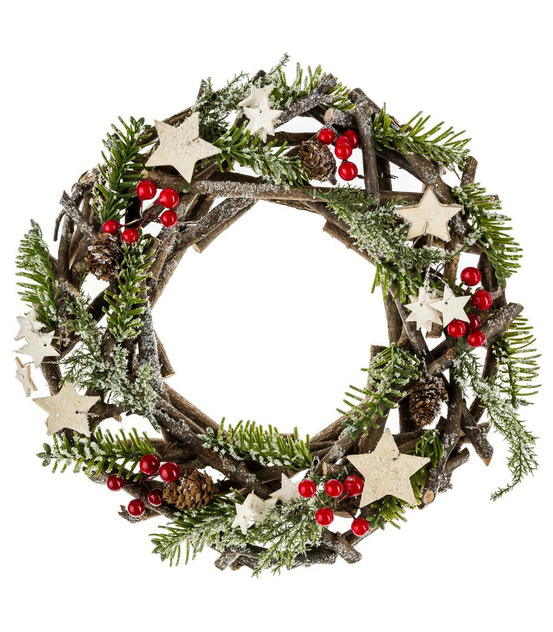 Déco de noël couronne avec branches bois et sapin d 30 cm