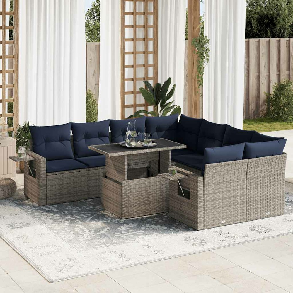 Salon de jardin avec coussins 9 pcs gris résine tressée acacia