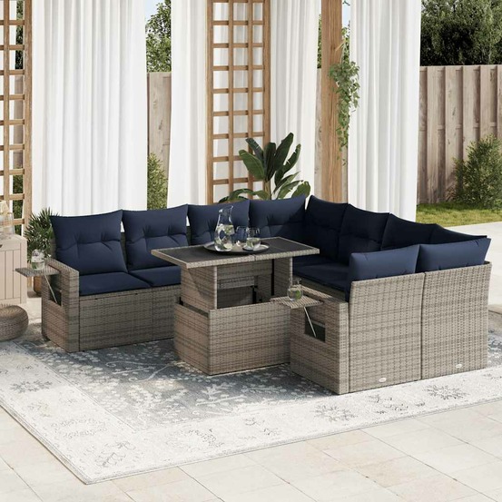 Salon de jardin avec coussins 9 pcs gris résine tressée acacia