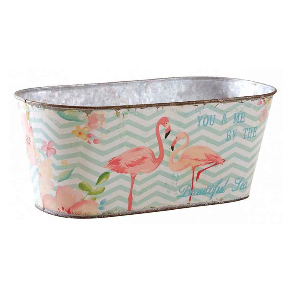 Corbeille ovale en métal flamants roses 32 cm