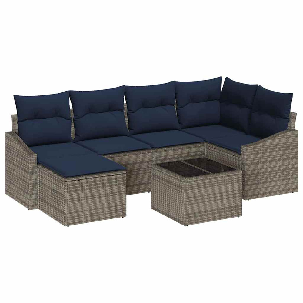 Ensemble de canapés avec coussin 7 pcs gris et marine polyrotin