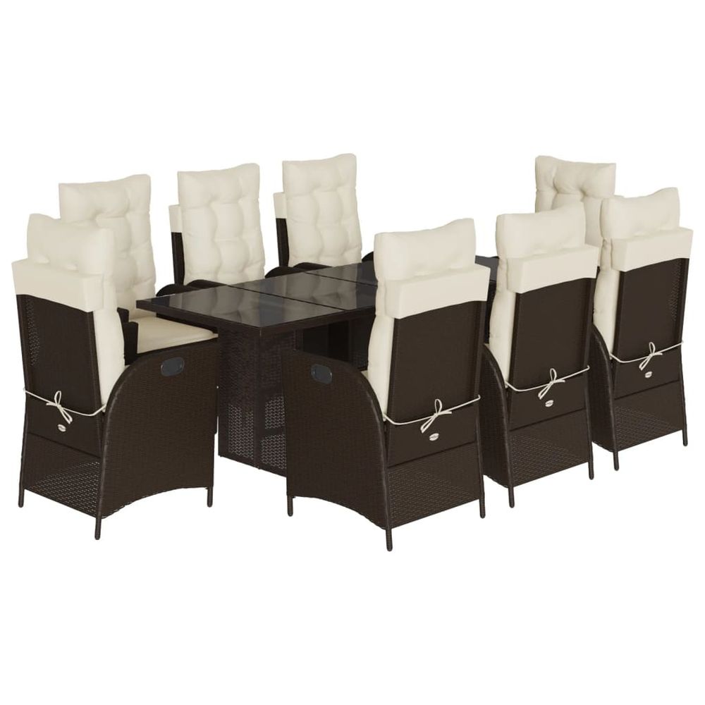 Ensemble à manger de jardin et coussins 9 pcs marron poly rotin