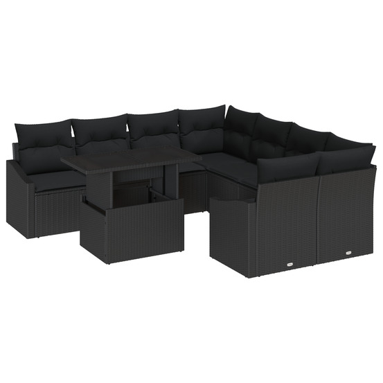Ensemble de canapé de jardin 9 pièces avec coussins en poly rattan noir