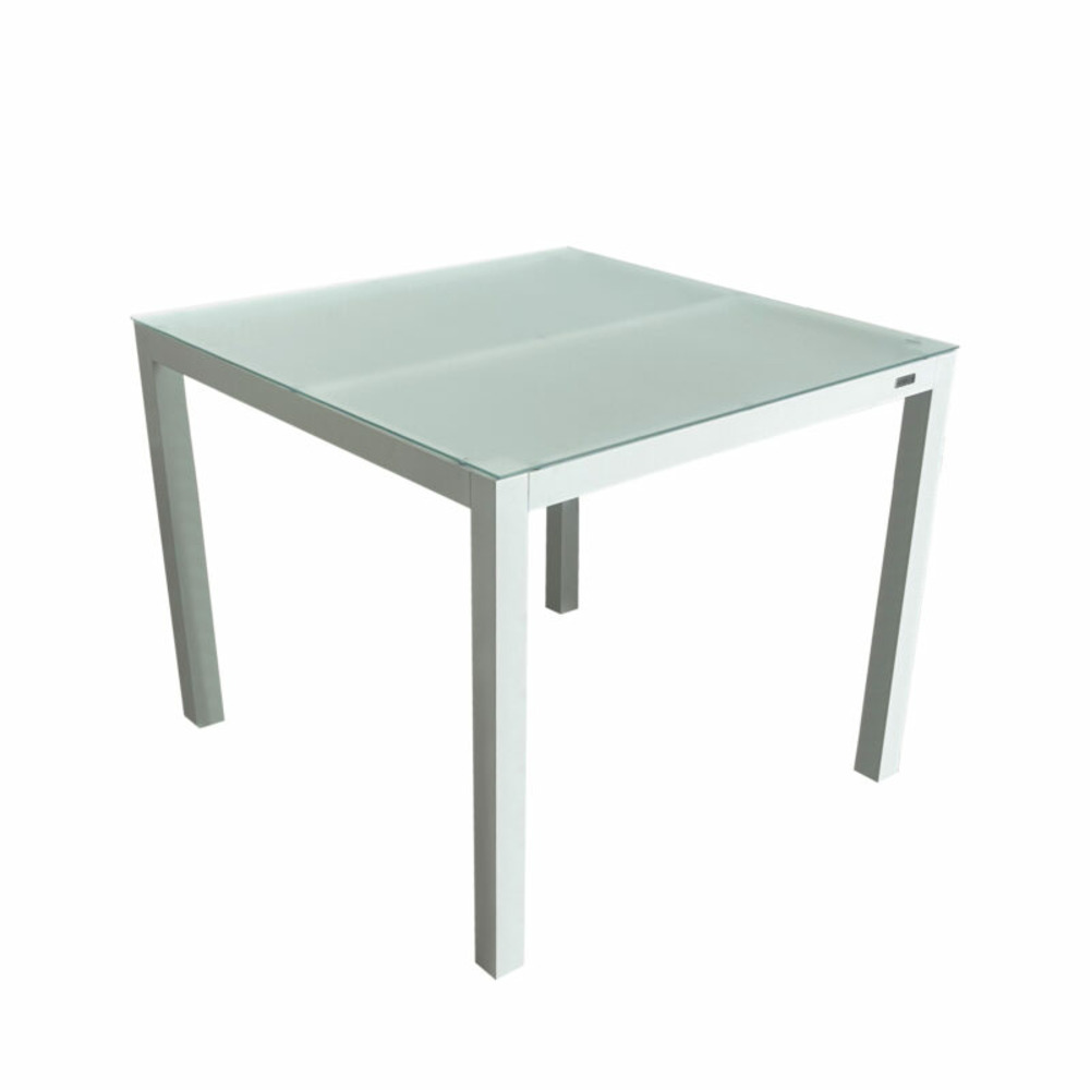 Table de jardin carrée MOD IBIZA (90) en aluminium blanc et verre translucide.
