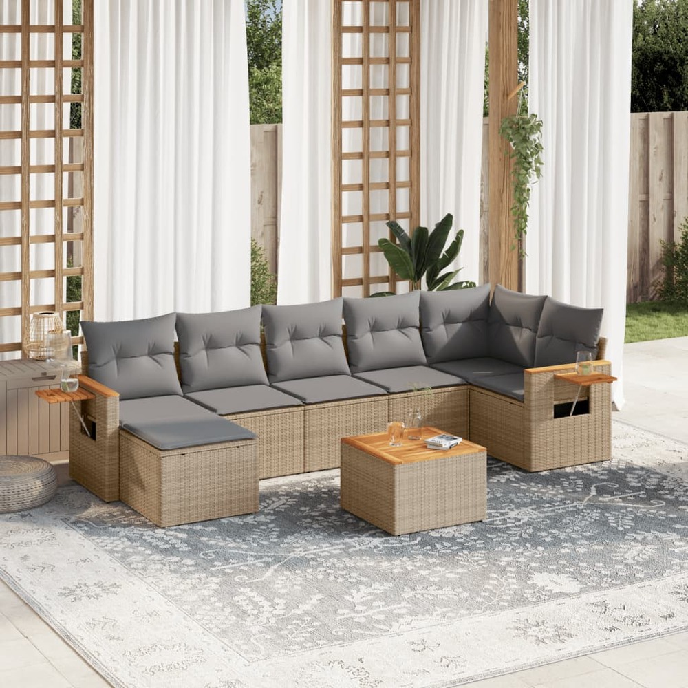 Salon de jardin avec coussins 8 pcs beige résine tressée