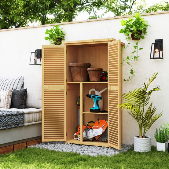 Armoire jardin bois rangement outils toit bitumé 2 portes persiennes 87x46,5x160cm jaune - comfortxl outdoor living